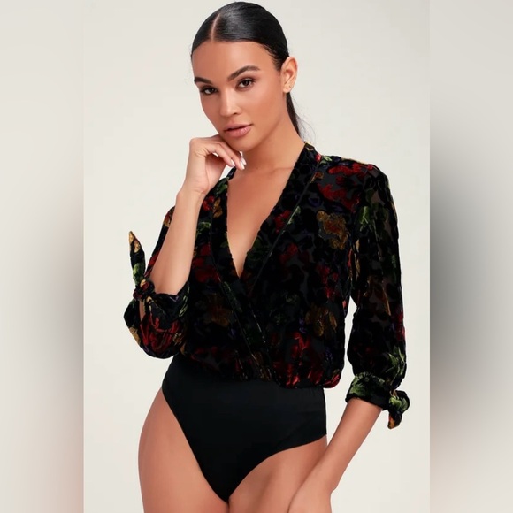 Moon River Tops - Moon River Anthropology Benatar Black Floral Print Burnout Velvet Bodysuit XS